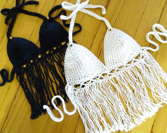 Crochet Boho Top Pattern Download | Crocheted Tassel Bikini Halter Crop Top PDF Pattern | Beaded Bohemian Clothing Festival Top 0114