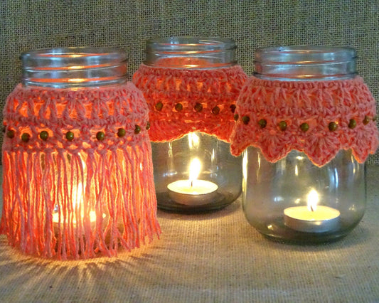 3 x PDF Crochet Candle Cozy Pattern | Crocheted Mason Jar Covers Tutorial | DIY Boho Wedding Candles Project | Home Decor Housewarming 0159